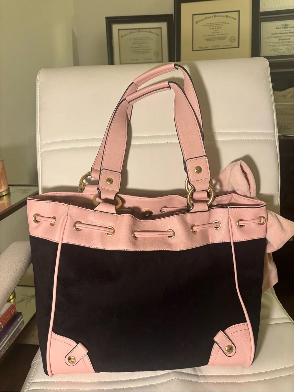 NWT Juicy Couture Pink and Black Terry Tote Crest Embroidery bag charm bag tag